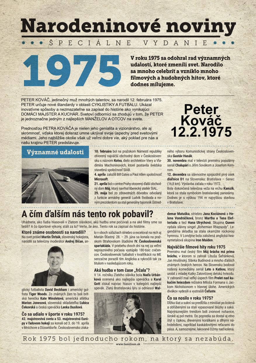 Narodeninové noviny 1975 s vlastným textom a fotografiou, S textom